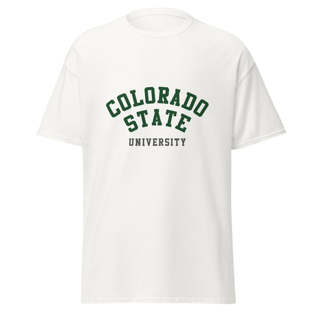 Unisex black t-shirt featuring Colorado State University logo printed across the front chest