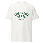 Unisex black t-shirt featuring Colorado State University logo printed across the front chest