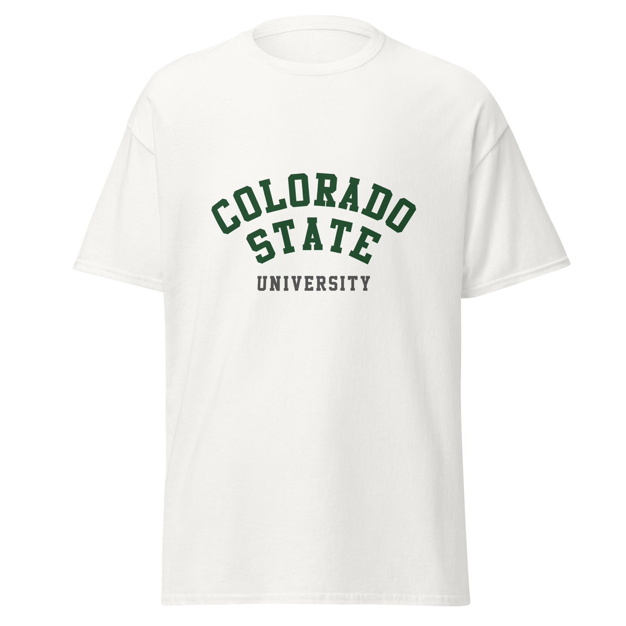 Unisex black t-shirt featuring Colorado State University logo printed across the front chest