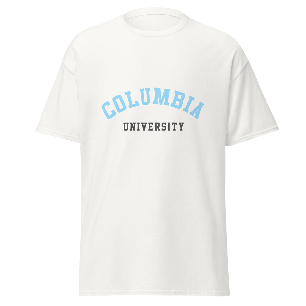 Unisex black t-shirt featuring Columbia University logo printed across the front chest