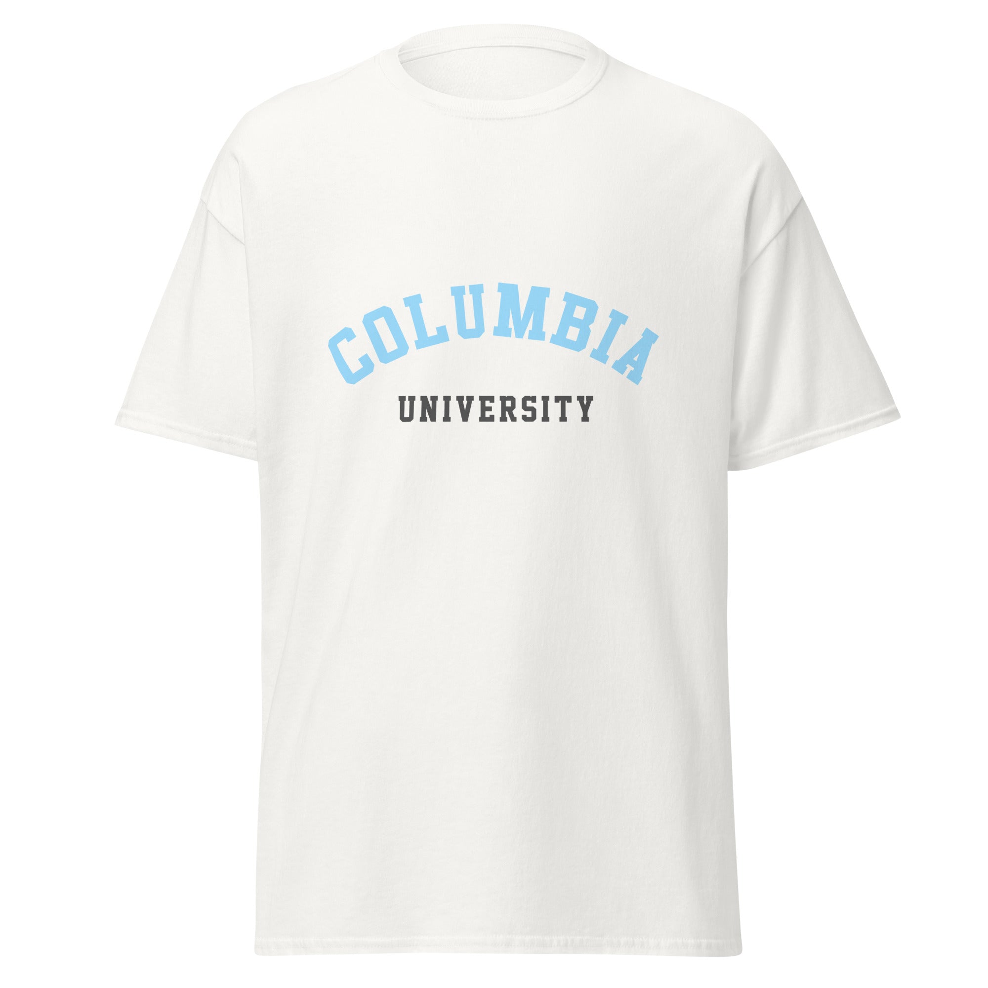 Unisex black t-shirt featuring Columbia University logo printed across the front chest