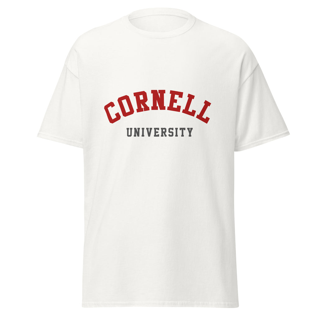 Unisex black t-shirt featuring Cornell University logo printed across the front chest