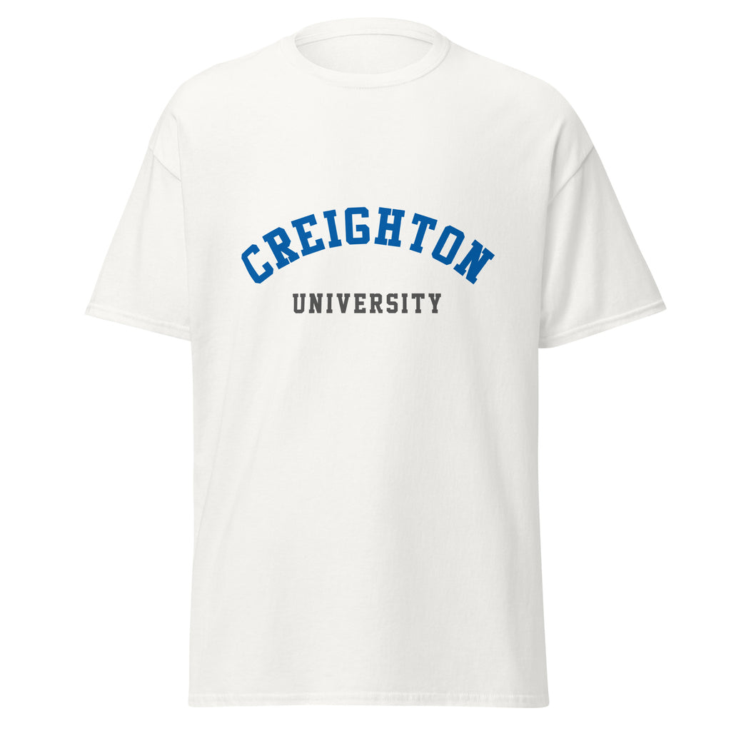 Unisex black t-shirt featuring Creighton University logo printed across the front chest