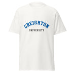 Unisex black t-shirt featuring Creighton University logo printed across the front chest