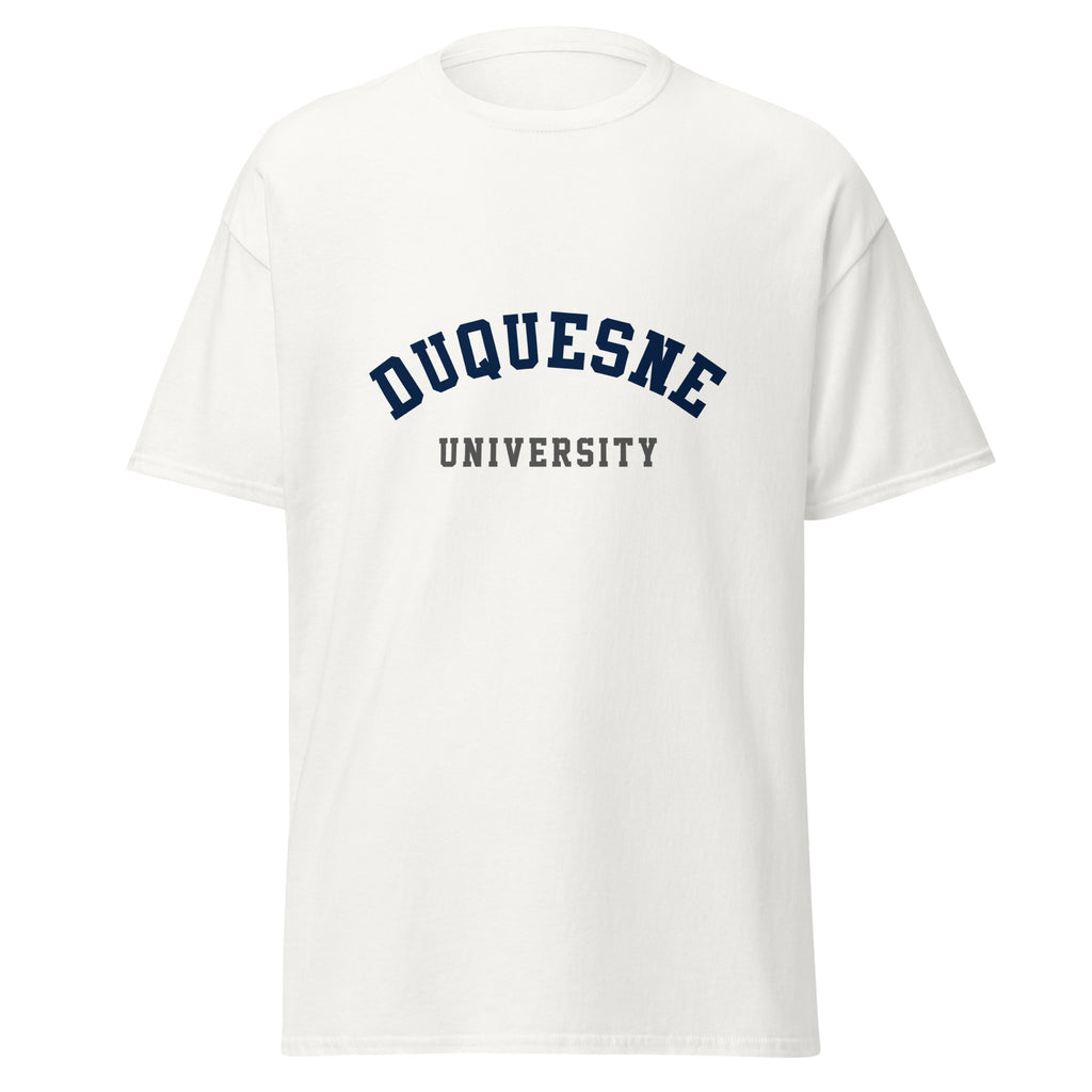 Unisex black t-shirt featuring Duquesne University logo printed across the front chest