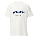 Unisex black t-shirt featuring Duquesne University logo printed across the front chest