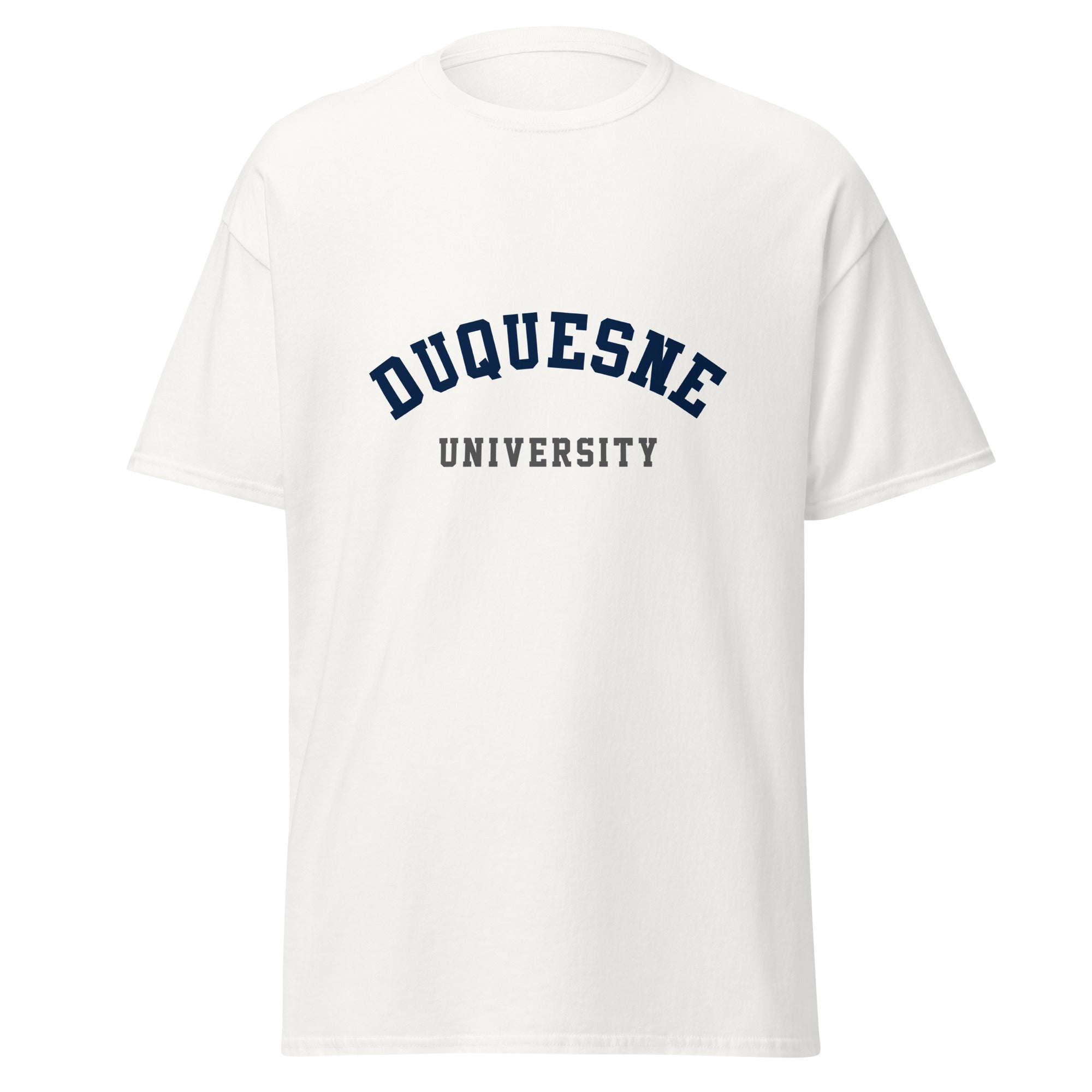 Unisex black t-shirt featuring Duquesne University logo printed across the front chest