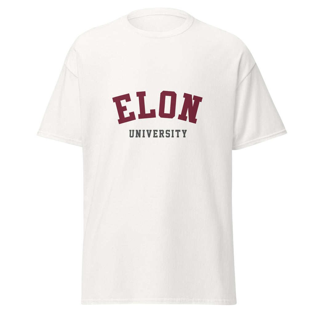 Unisex black t-shirt featuring Elon University logo printed across the front chest