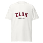 Unisex black t-shirt featuring Elon University logo printed across the front chest