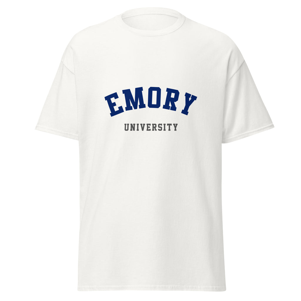 Unisex black t-shirt featuring Emory University logo printed across the front chest
