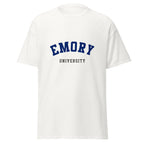 Unisex black t-shirt featuring Emory University logo printed across the front chest