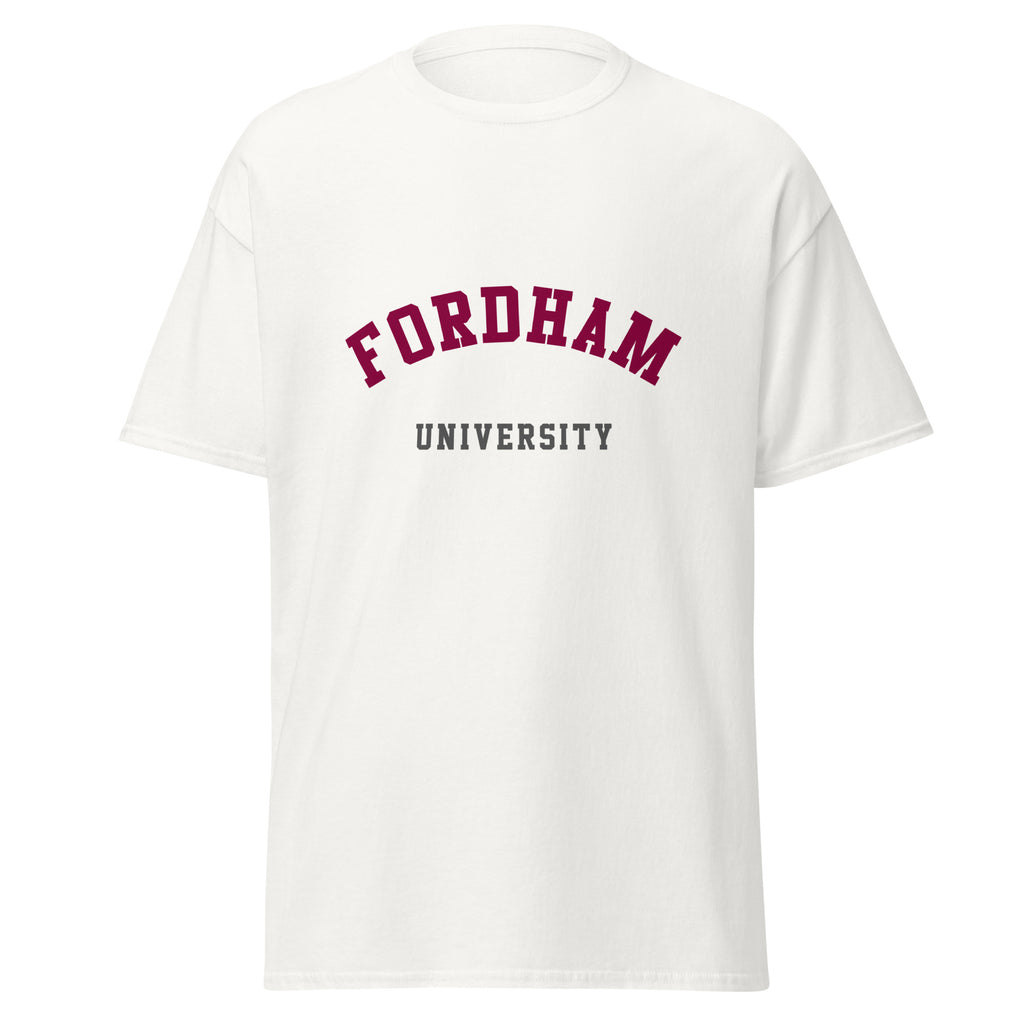 Unisex black t-shirt featuring Fordham University logo printed across the front chest