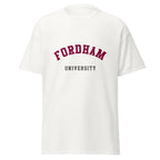 Unisex black t-shirt featuring Fordham University logo printed across the front chest