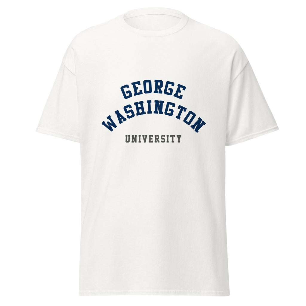 Unisex black t-shirt featuring George Washington University logo printed across the front chest