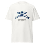 Unisex black t-shirt featuring George Washington University logo printed across the front chest