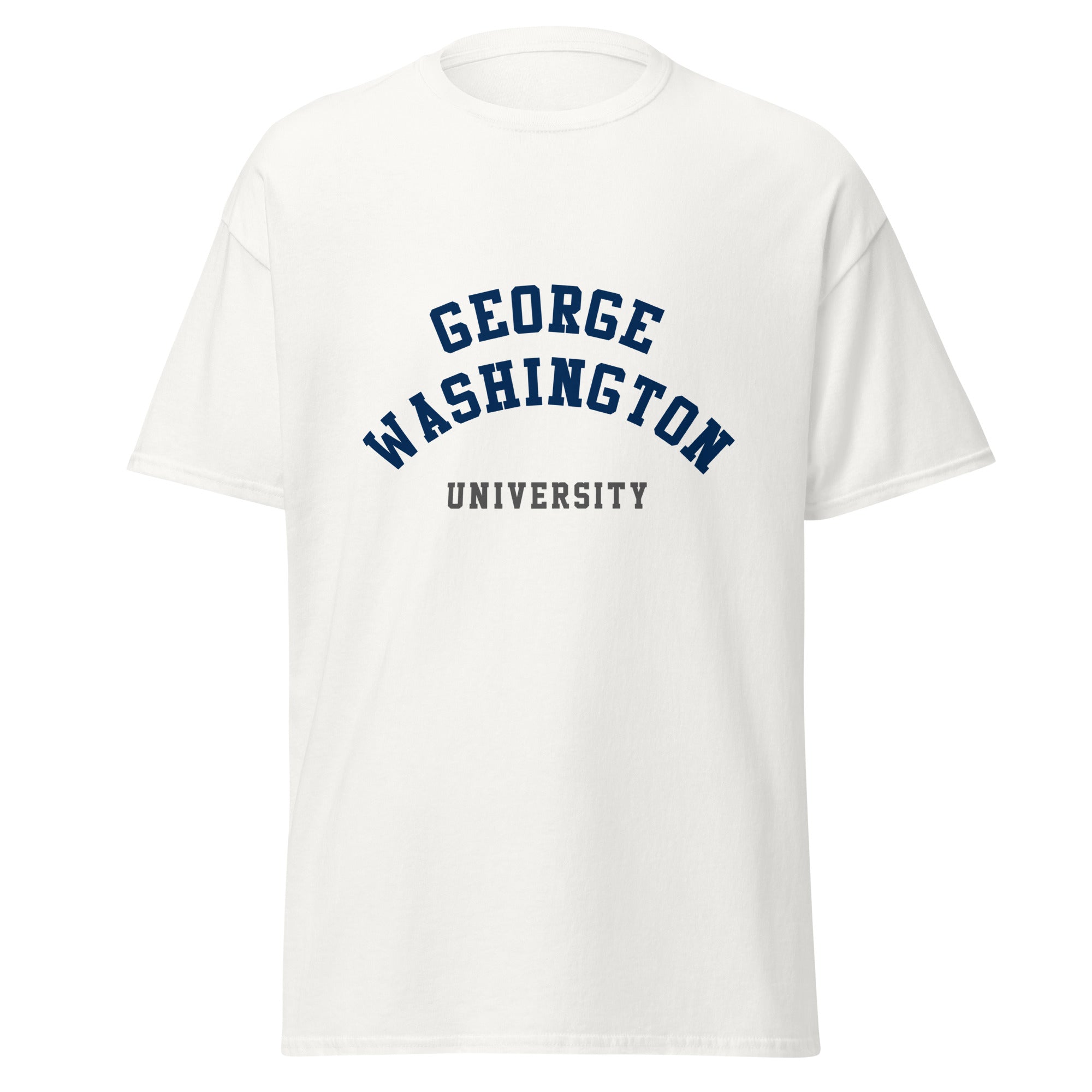 Unisex black t-shirt featuring George Washington University logo printed across the front chest