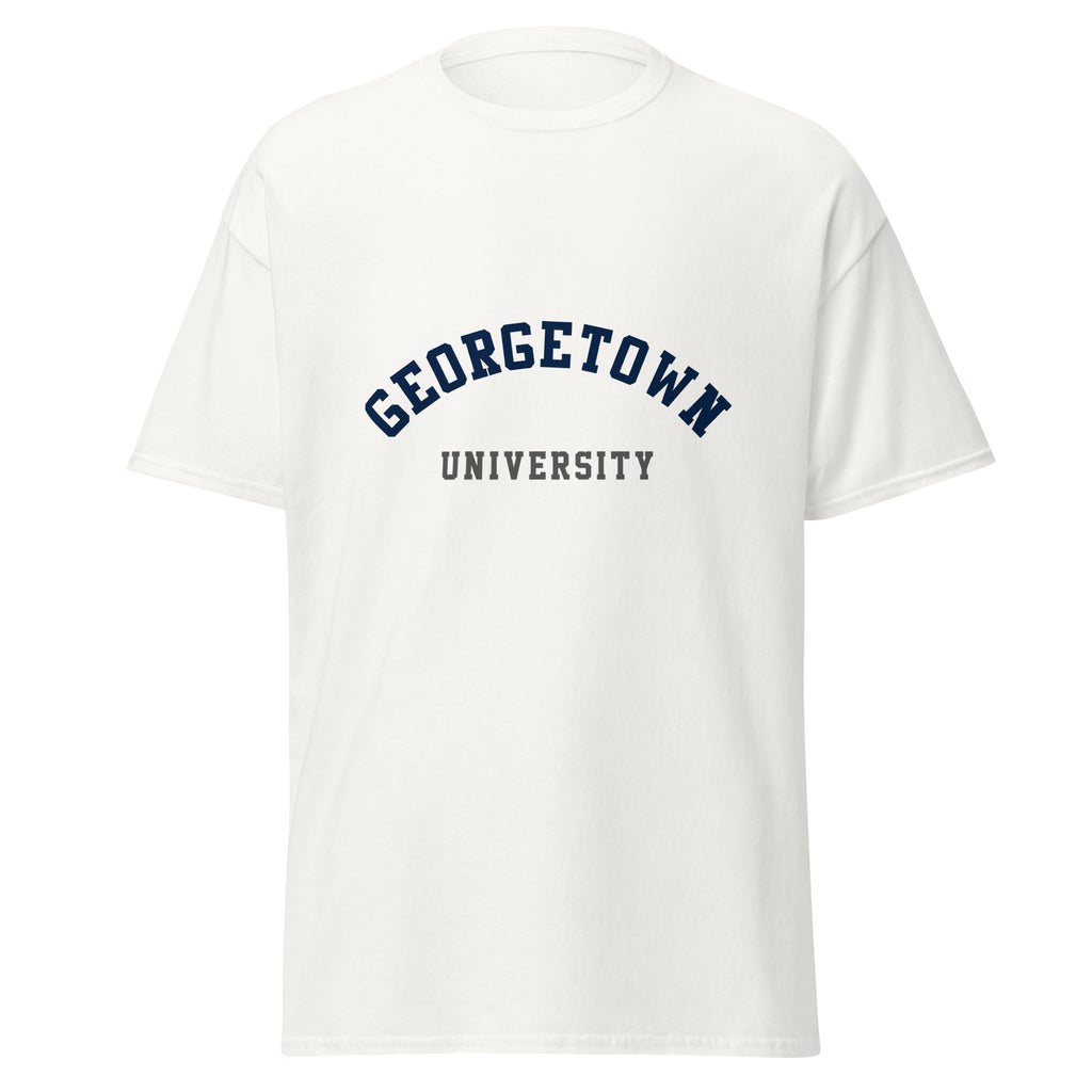 Unisex black t-shirt featuring Georgetown University logo printed across the front chest