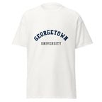 Unisex black t-shirt featuring Georgetown University logo printed across the front chest