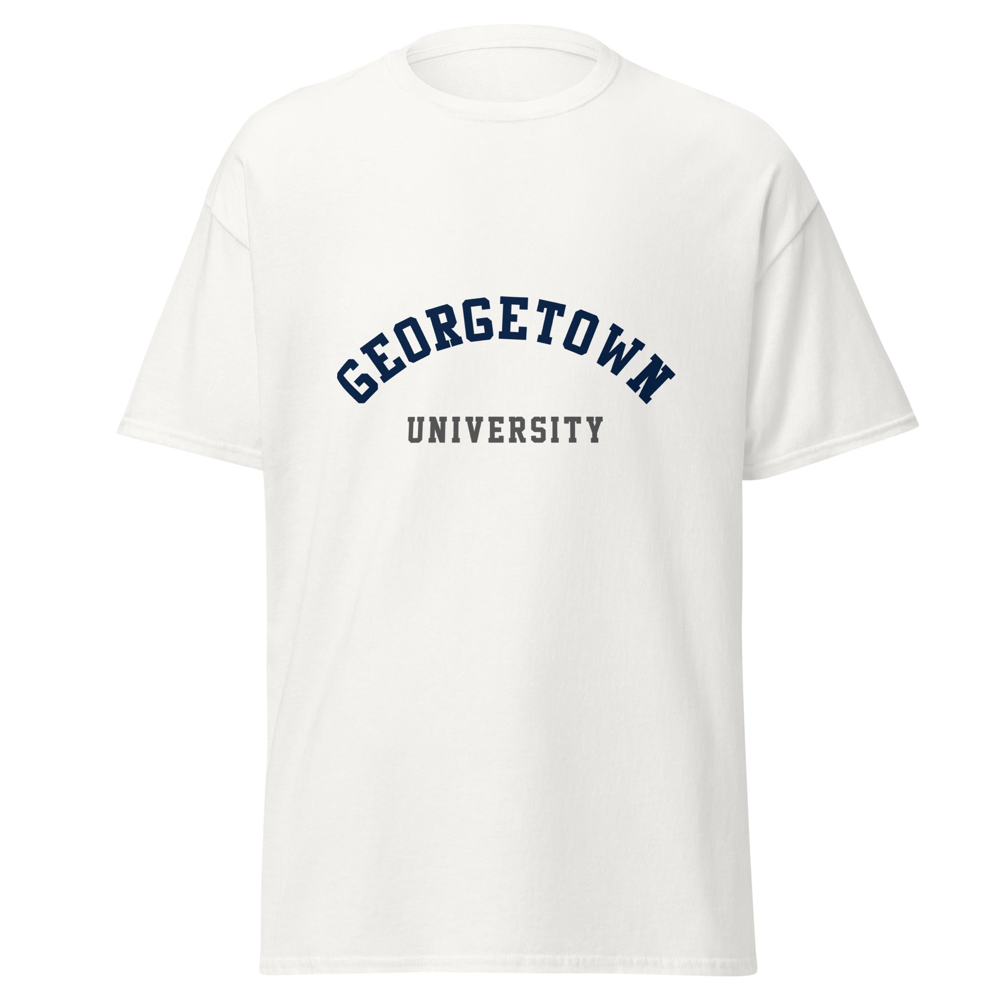 Unisex black t-shirt featuring Georgetown University logo printed across the front chest