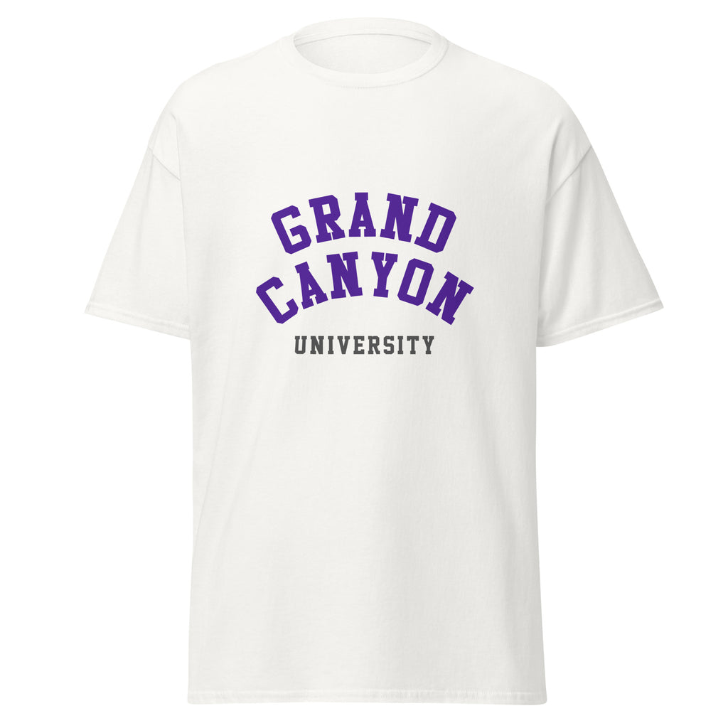 Unisex black t-shirt featuring Grand Canyon University logo printed across the front chest