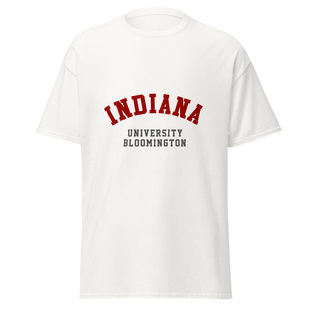 Unisex black t-shirt featuring Indiana University Bloomington logo printed across the front chest