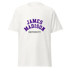 Unisex black t-shirt featuring James Madison University logo printed across the front chest