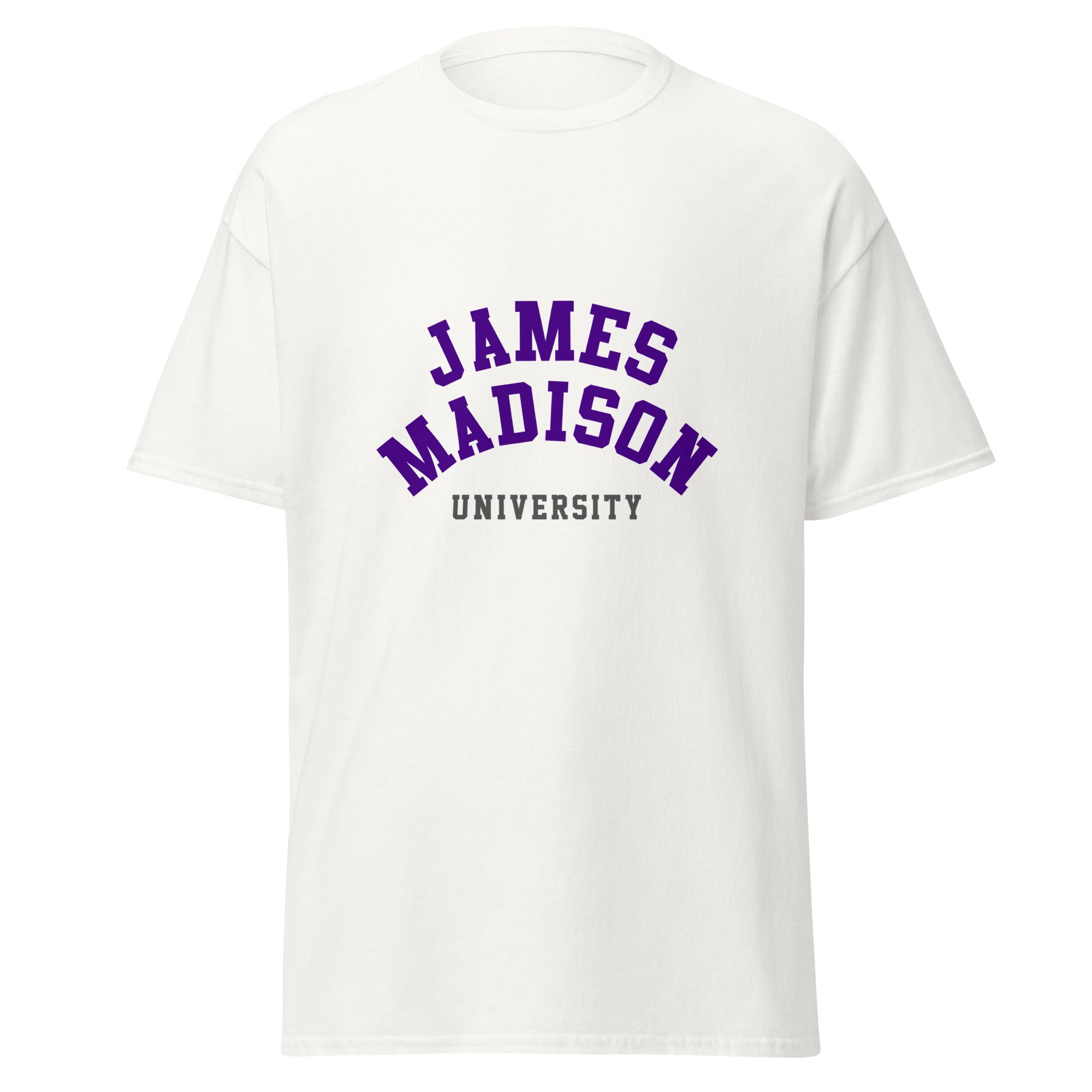 Unisex black t-shirt featuring James Madison University logo printed across the front chest