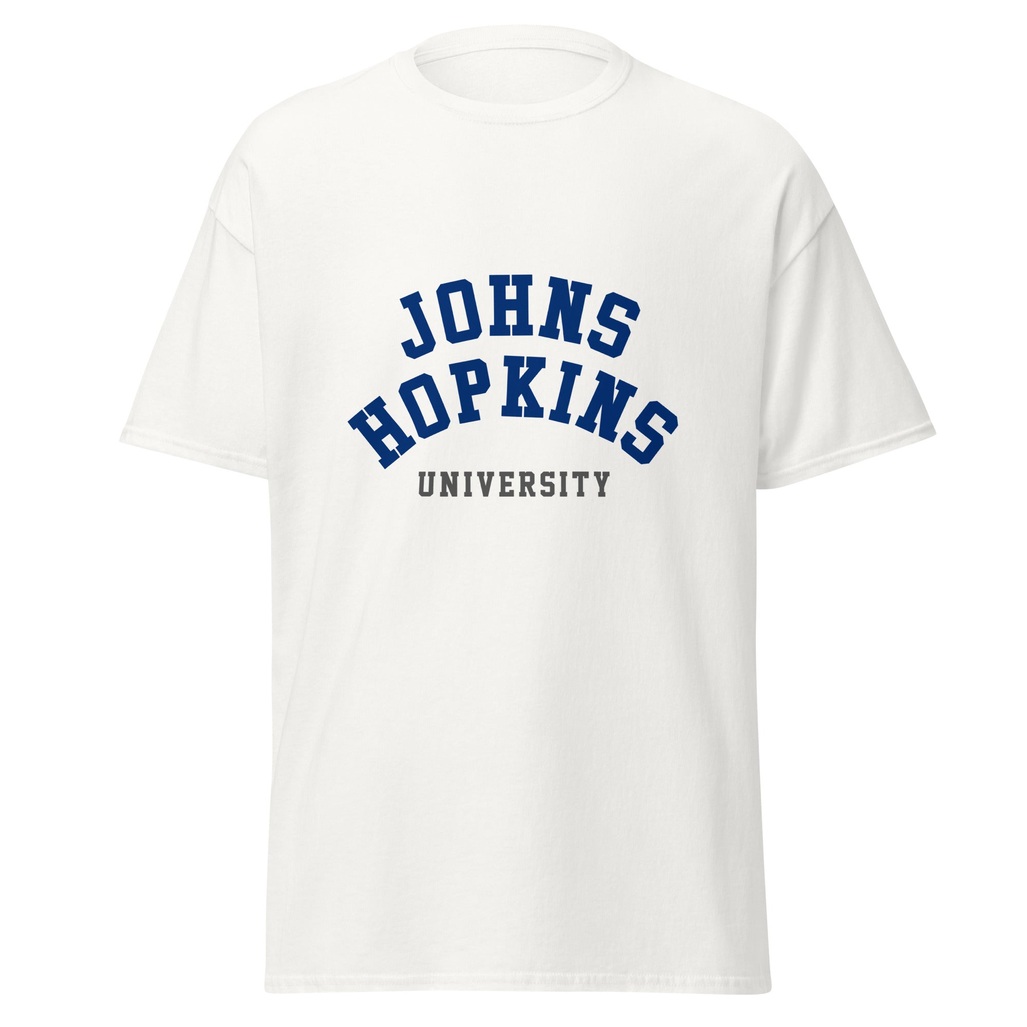 Unisex black t-shirt featuring Johns Hopkins University logo printed across the front chest