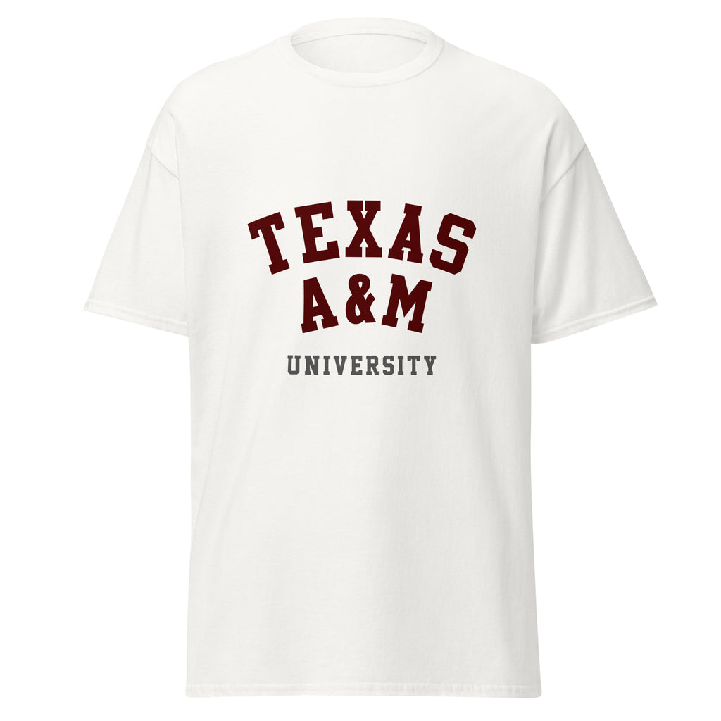 Unisex black t-shirt featuring Texas A&M University logo printed across the front chest