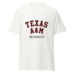 Unisex black t-shirt featuring Texas A&M University logo printed across the front chest