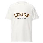 Unisex black t-shirt featuring Lehigh University logo printed across the front chest