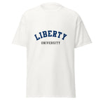 Unisex black t-shirt featuring Liberty University logo printed across the front chest