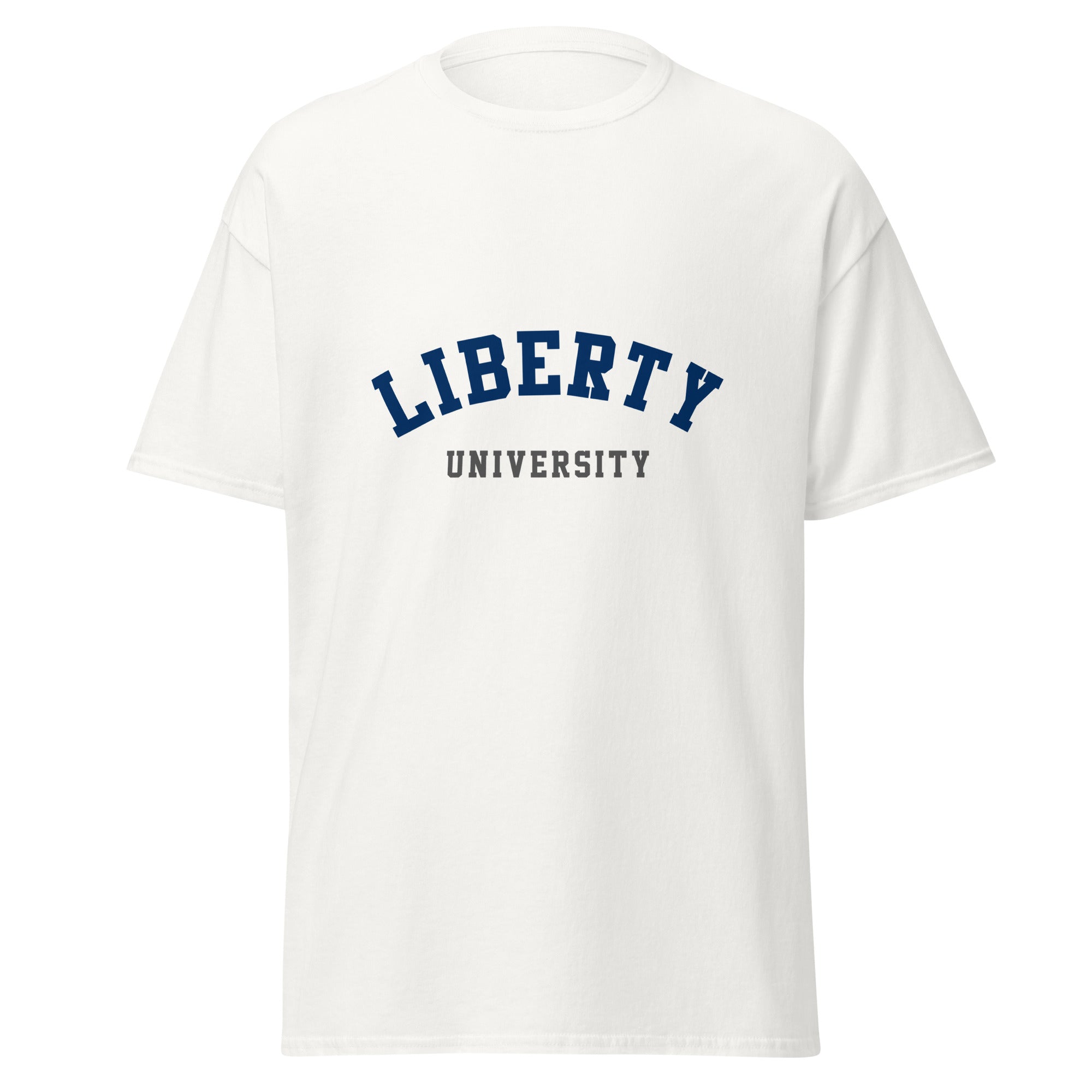 Unisex black t-shirt featuring Liberty University logo printed across the front chest