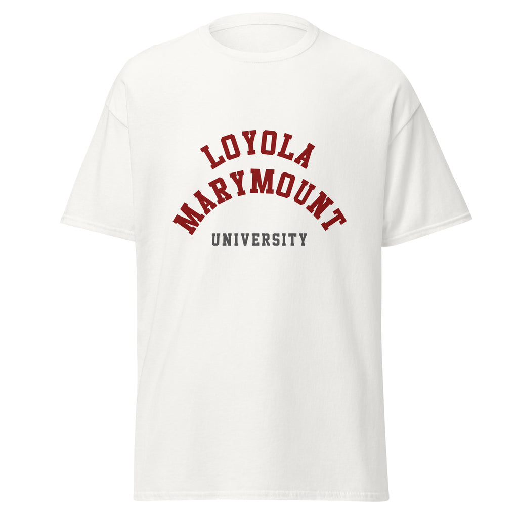 Unisex black t-shirt featuring Loyola Marymount University logo printed across the front chest