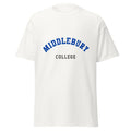 Unisex black t-shirt featuring Middlebury College logo printed across the front chest
