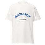 Unisex black t-shirt featuring Middlebury College logo printed across the front chest