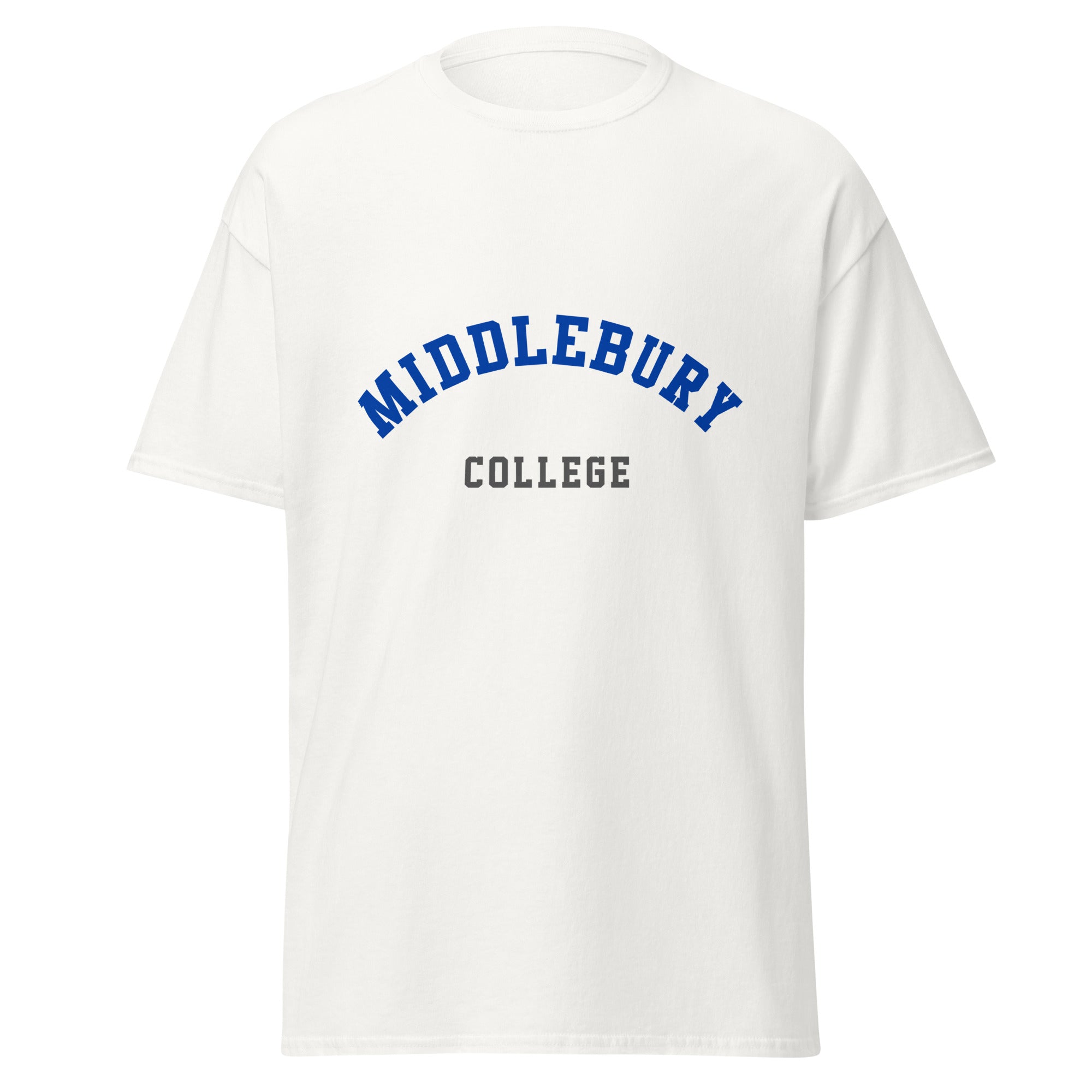 Unisex black t-shirt featuring Middlebury College logo printed across the front chest
