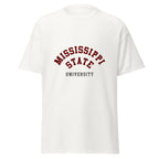 Unisex black t-shirt featuring Mississippi State University logo printed across the front chest