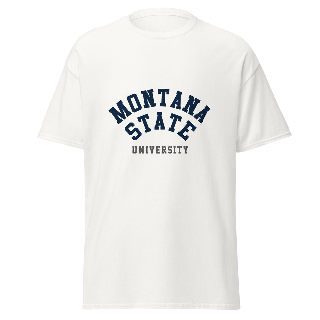Unisex black t-shirt featuring Montana State University logo printed across the front chest