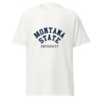 Unisex black t-shirt featuring Montana State University logo printed across the front chest