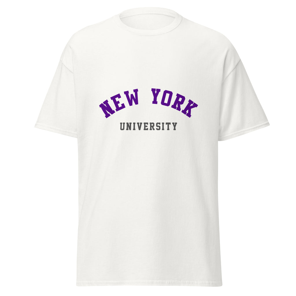 Unisex black t-shirt featuring New York University logo printed across the front chest