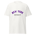 Unisex black t-shirt featuring New York University logo printed across the front chest