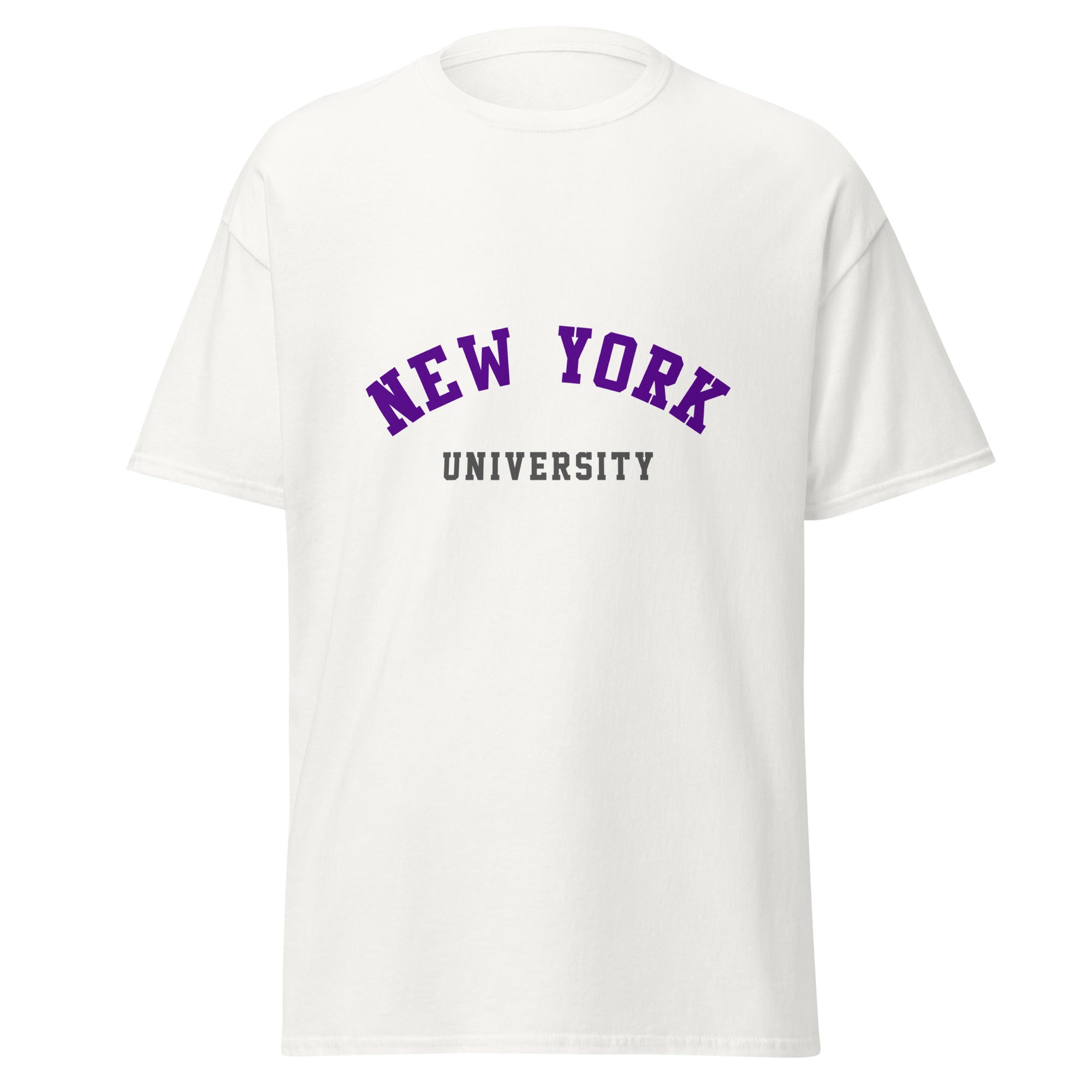 Unisex black t-shirt featuring New York University logo printed across the front chest
