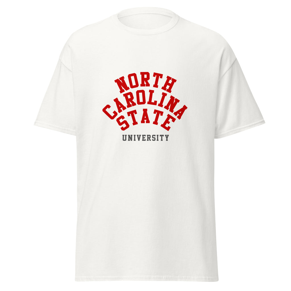 Unisex black t-shirt featuring North Carolina State University logo printed across the front chest