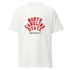 Unisex black t-shirt featuring North Carolina State University logo printed across the front chest