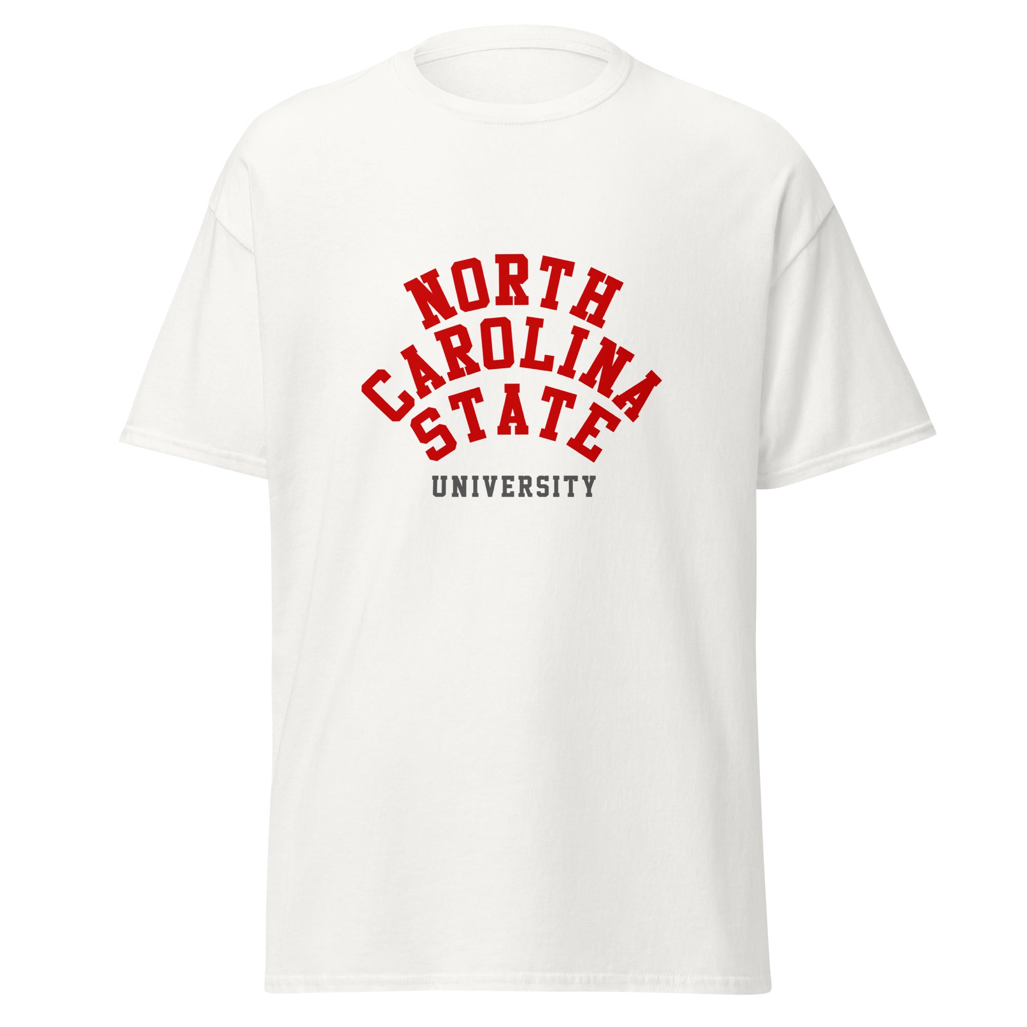 Unisex black t-shirt featuring North Carolina State University logo printed across the front chest