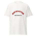 Unisex black t-shirt featuring Northeastern University logo printed across the front chest