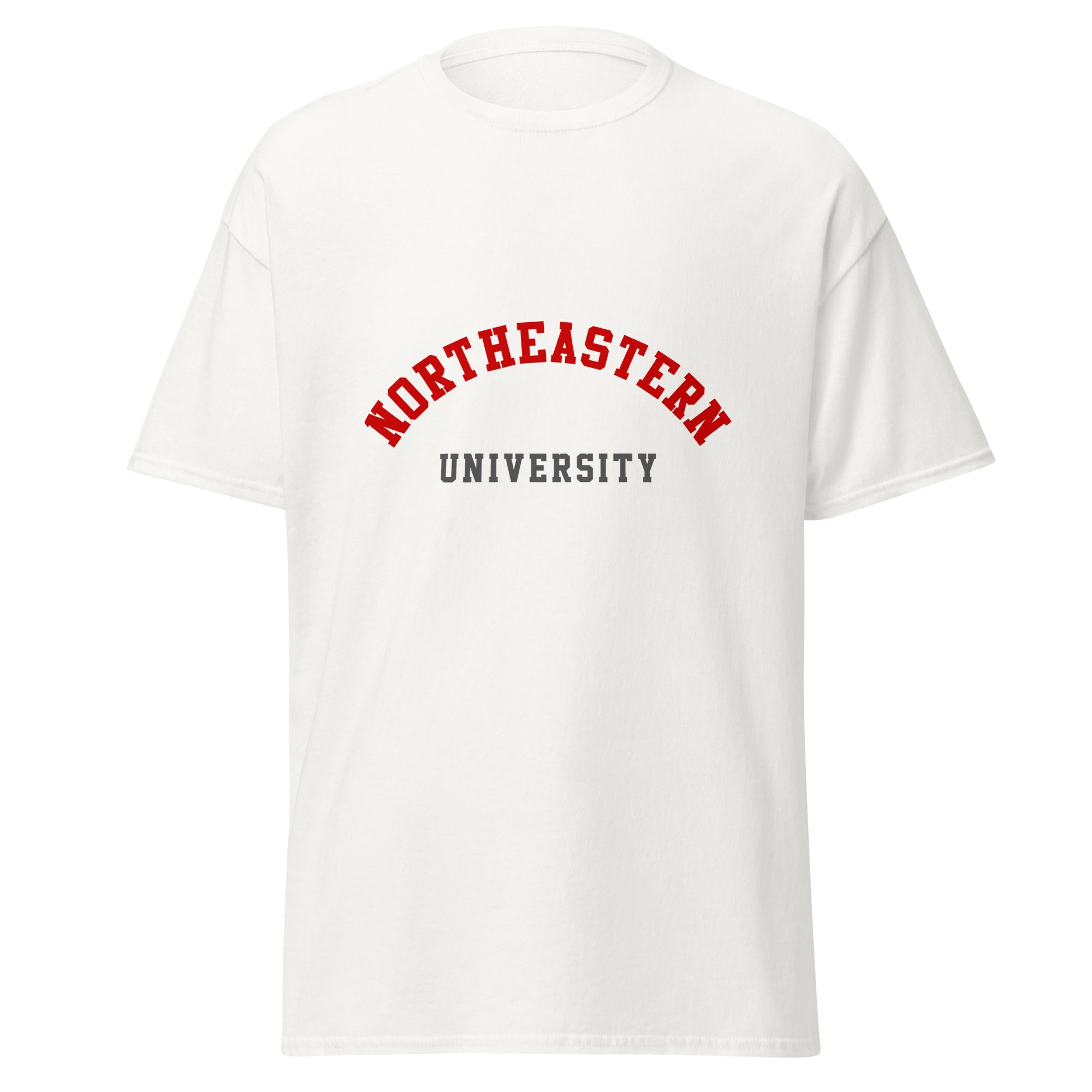 Unisex black t-shirt featuring Northeastern University logo printed across the front chest