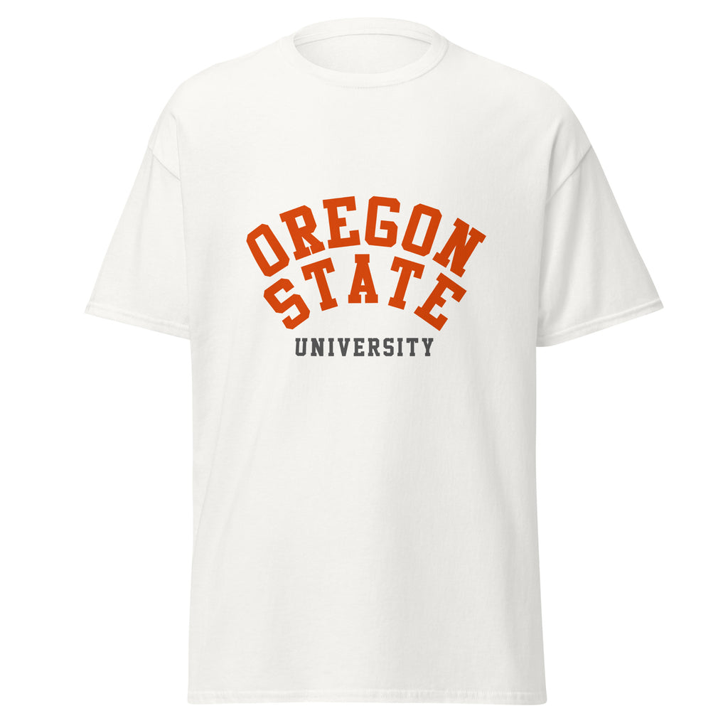 Unisex black t-shirt featuring Oregon State University logo printed across the front chest