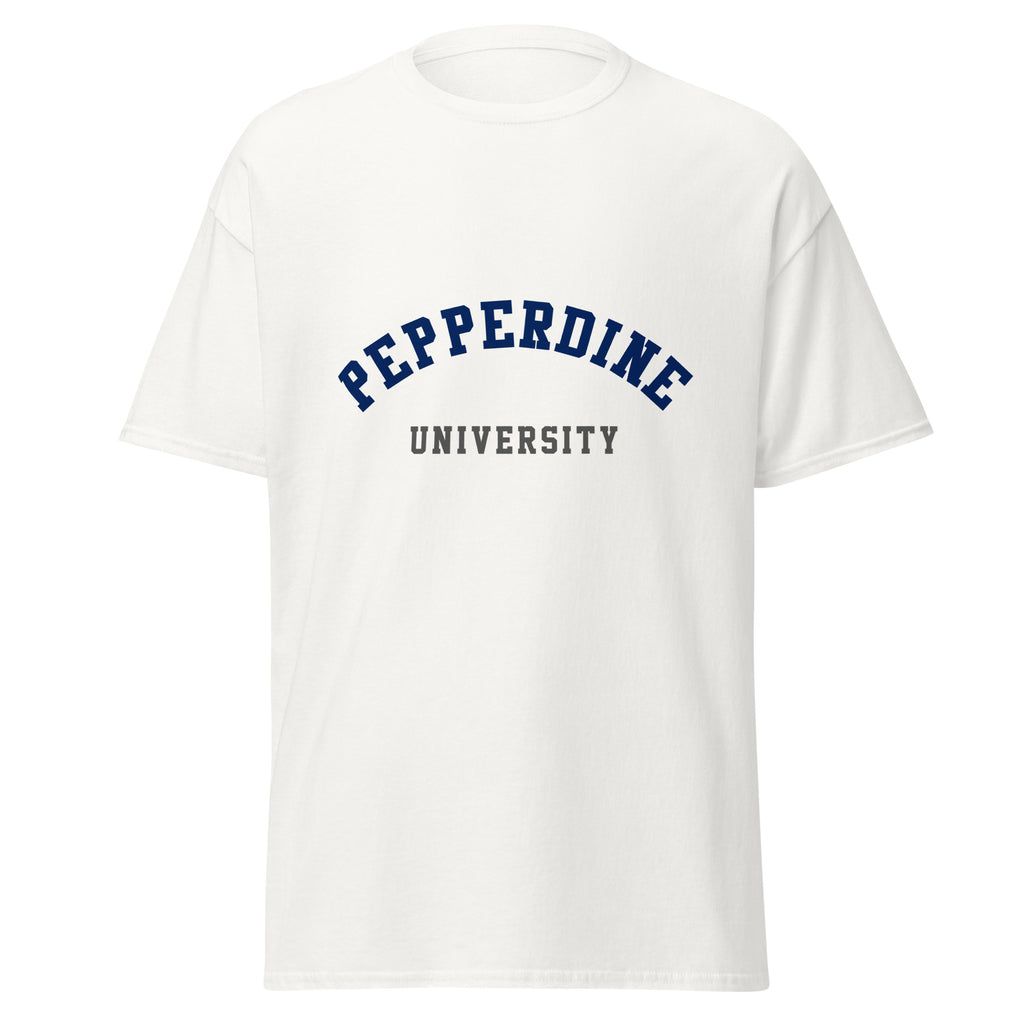 Unisex black t-shirt featuring Pepperdine University logo printed across the front chest